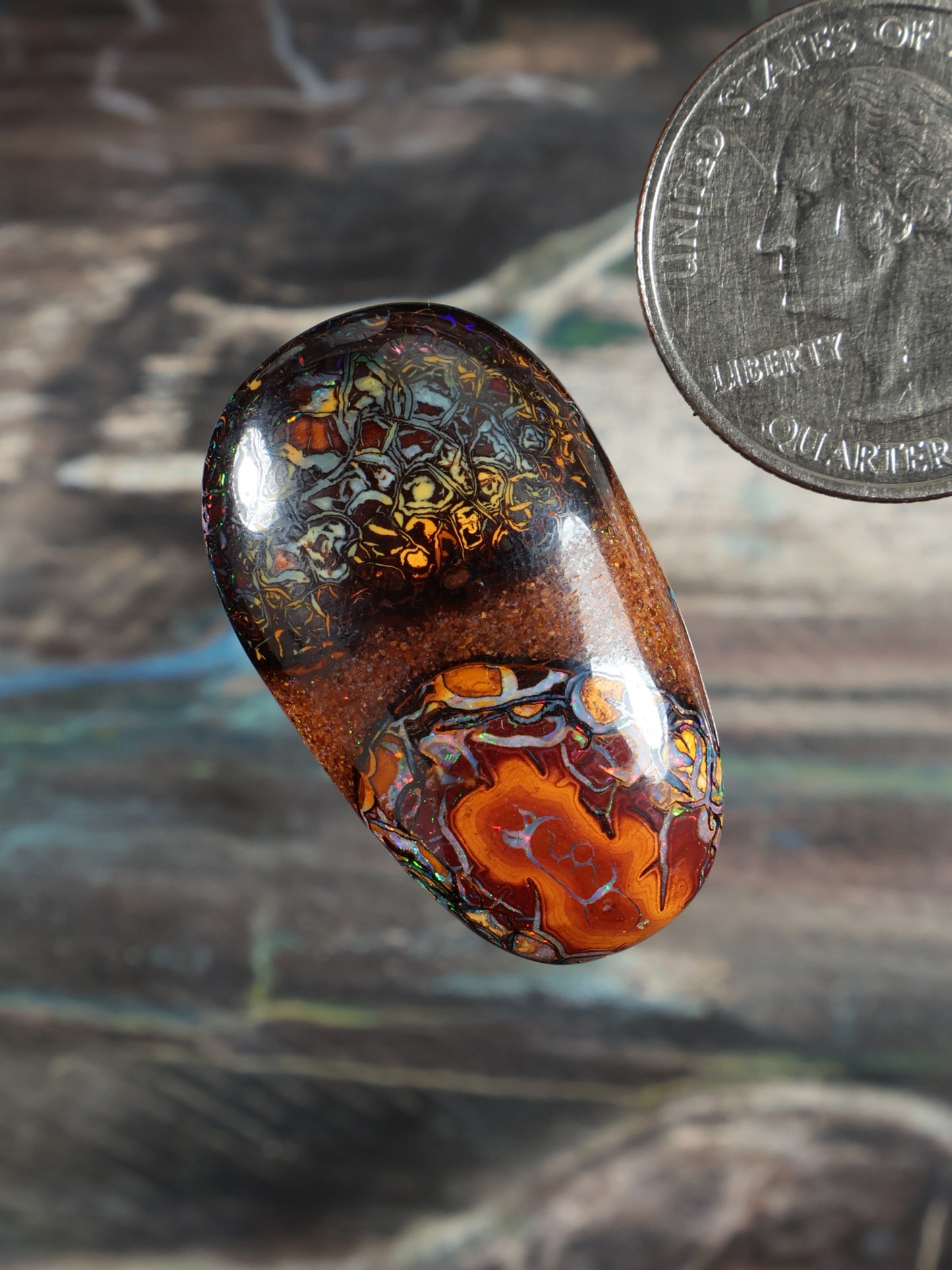 Boulder opal cabochon, rounded oval with glossy dark face and fiery orange center