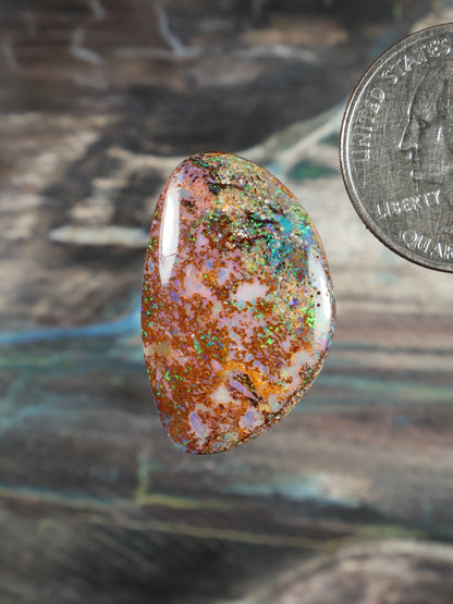 Boulder opal cabochon, oval with rainbow speckled orange, blue, green and white