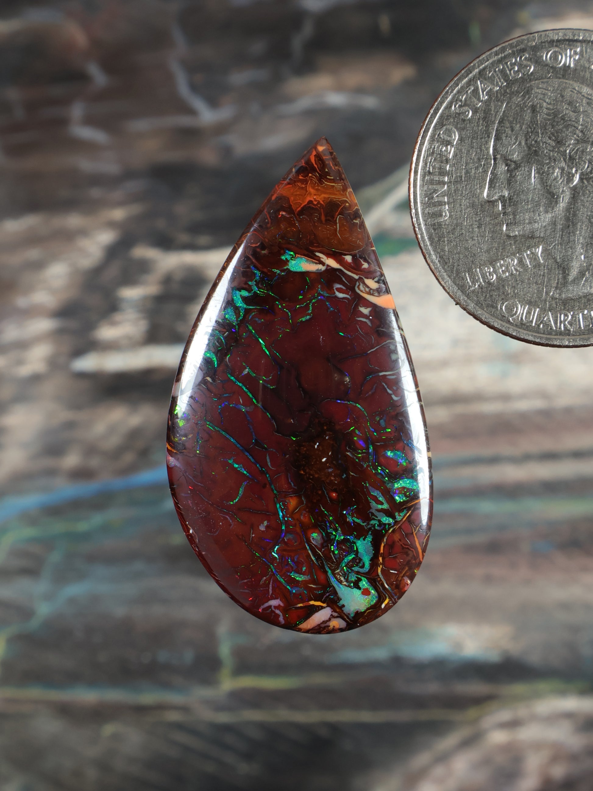 Yowah Boulder Opal cabochon (N739), teardrop red with green-blue iridescence