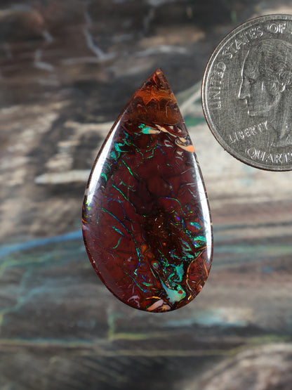 Yowah Boulder Opal cabochon (N739), teardrop red with green-blue iridescence