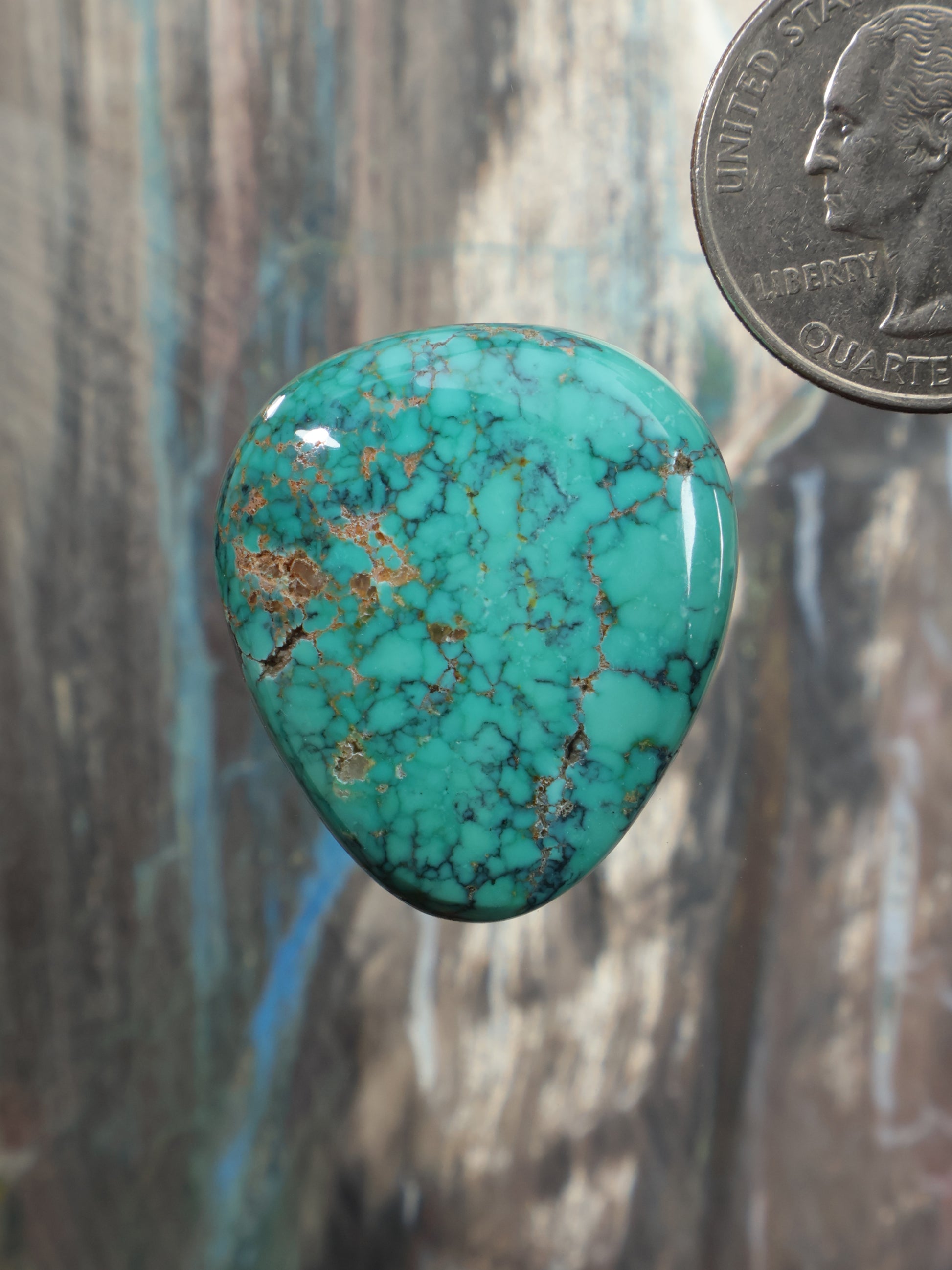Turquoise cabochon gemstone with natural matrix veining, oval polished stone