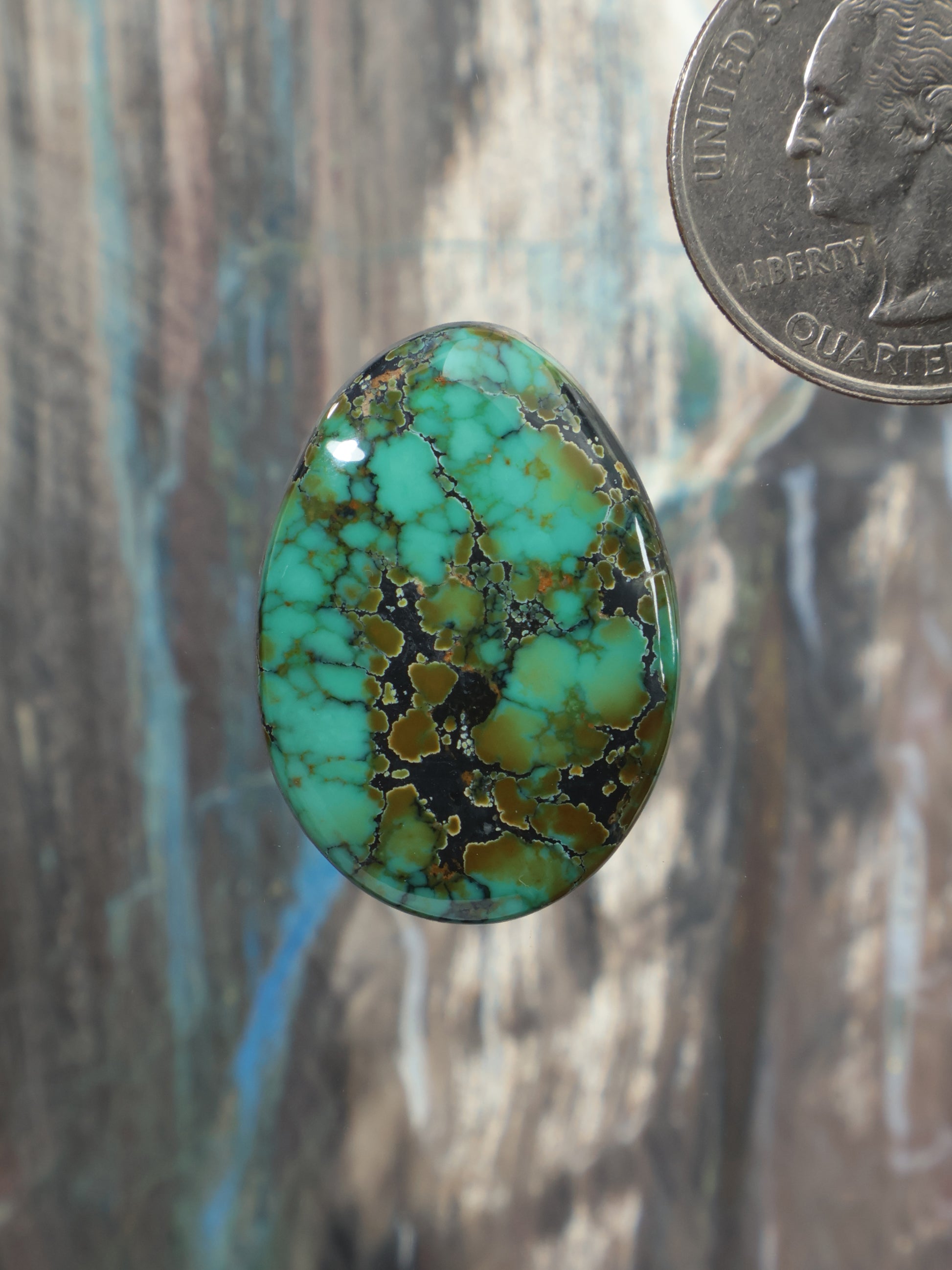 Turquoise cabochon gemstone with dark veined pattern, oval teardrop shape