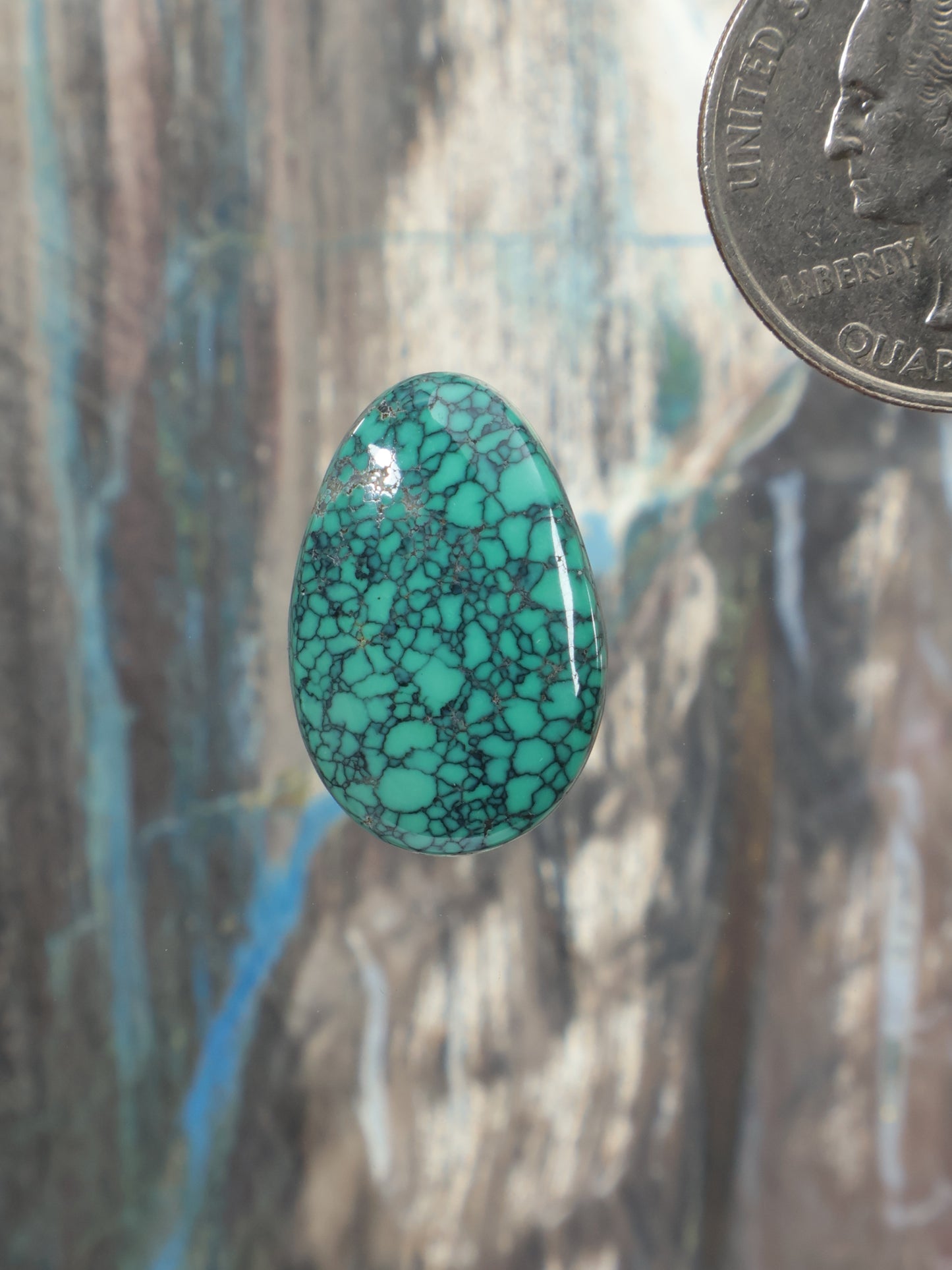 Turquoise oval cabochon gemstone with webbed stone pattern