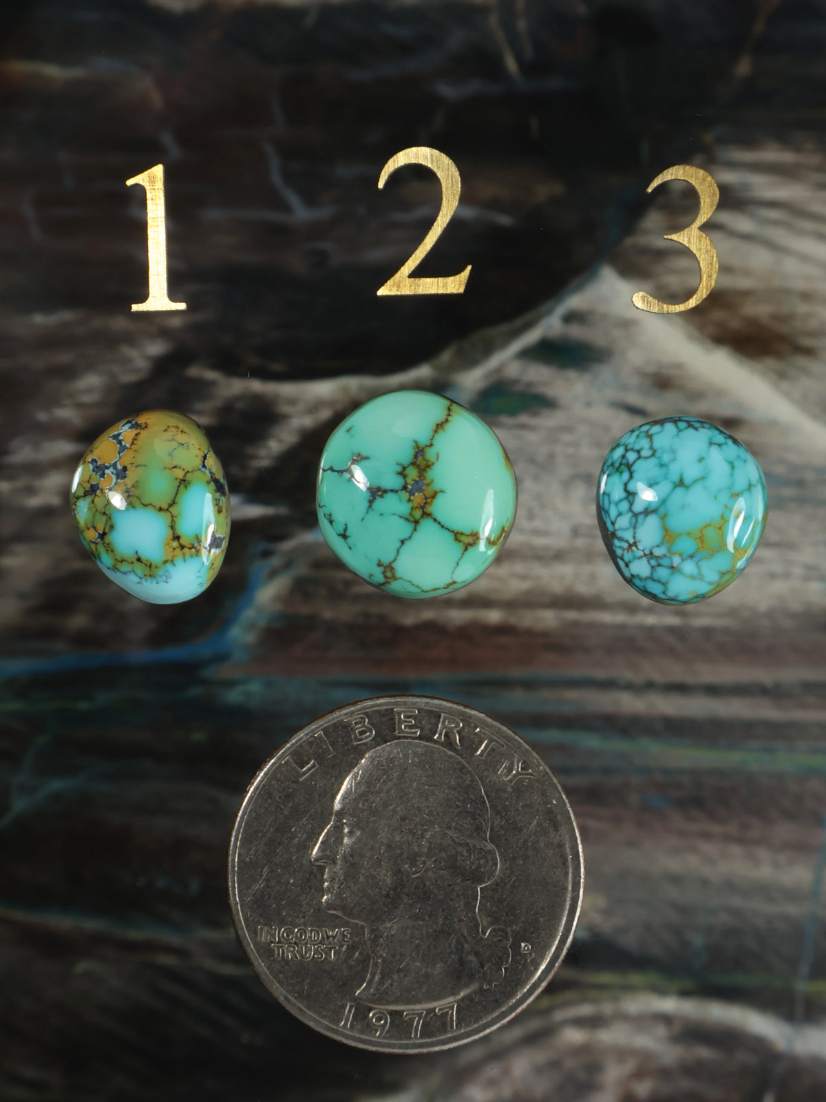 Turquoise cabochon gemstones set of three, teal stones with webbed brown matrix