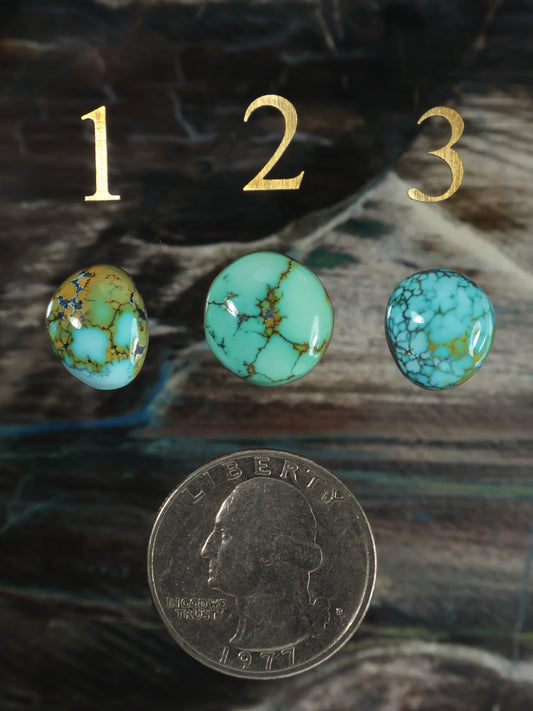 Turquoise cabochon gemstones set of three, teal stones with webbed brown matrix