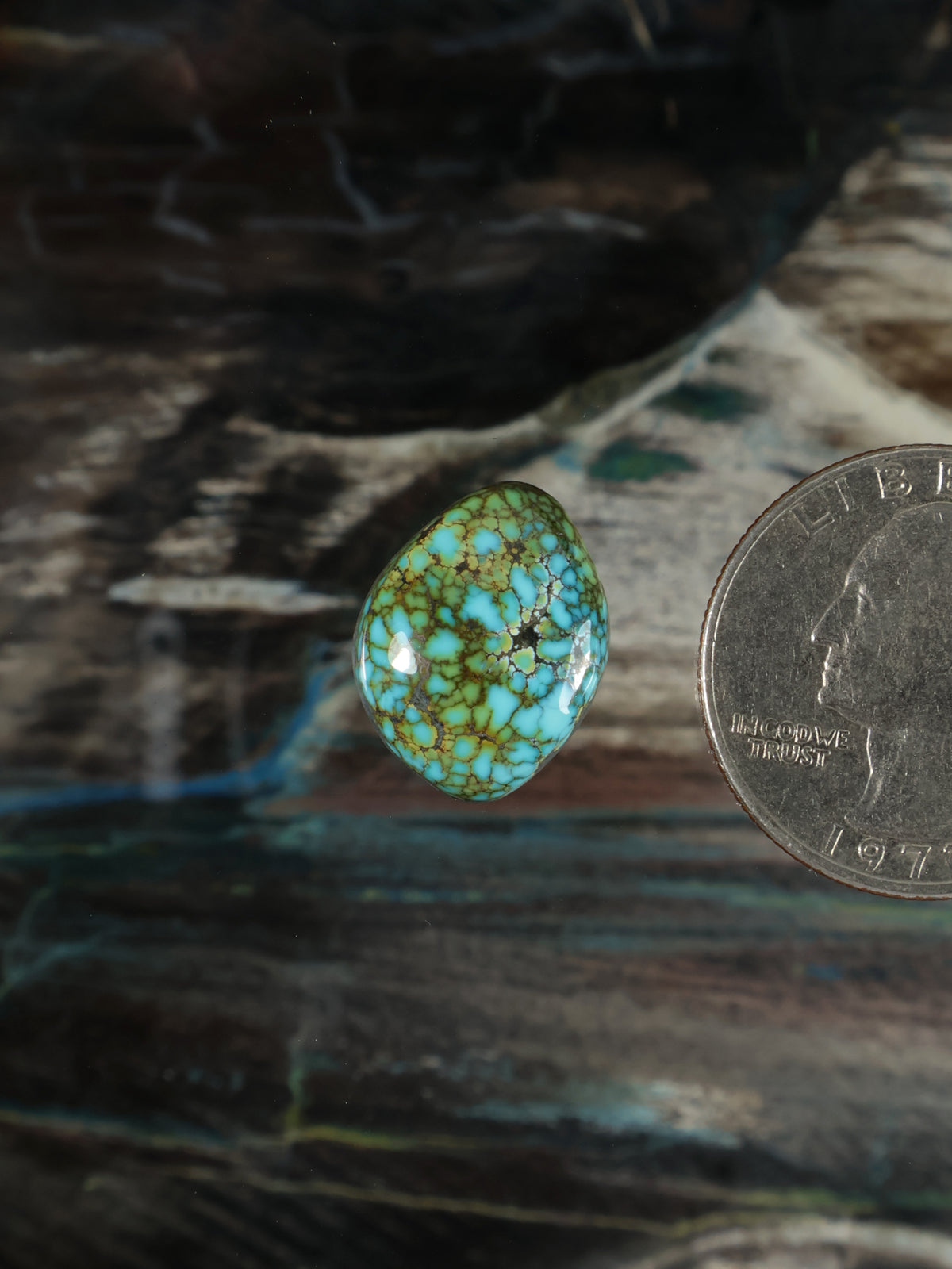 C021 turquoise oval gemstone cabochon with gold web matrix detail