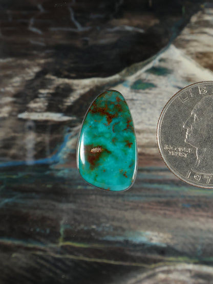 Turquoise teardrop cabochon gemstone with reddish-brown matrix flecks, polished.