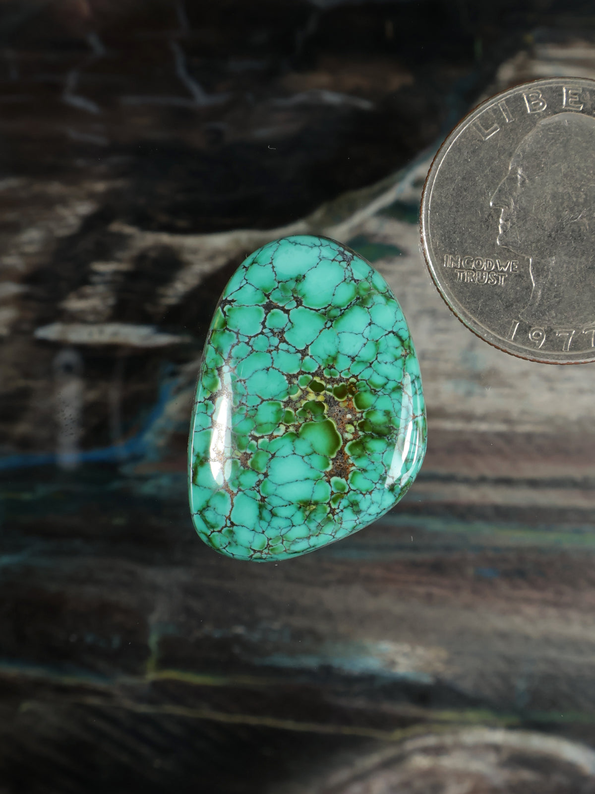 Turquoise green teardrop-oval gemstone cabochon with webbed matrix and golden center