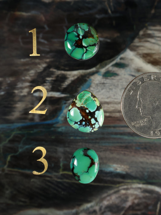 Green and brown turquoise cabochon gemstone, oval teardrop, polished