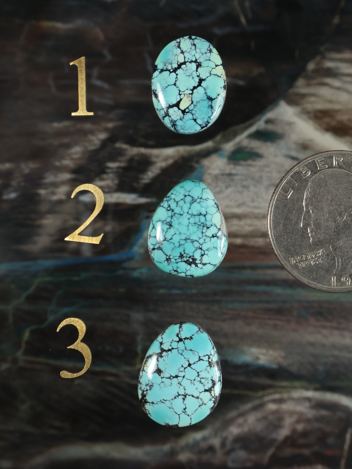 Set of three turquoise oval cabochon gemstones, smooth polished stones