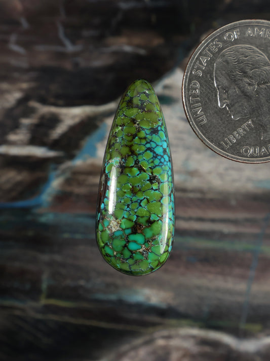 Green teardrop turquoise cabochon with black matrix pattern