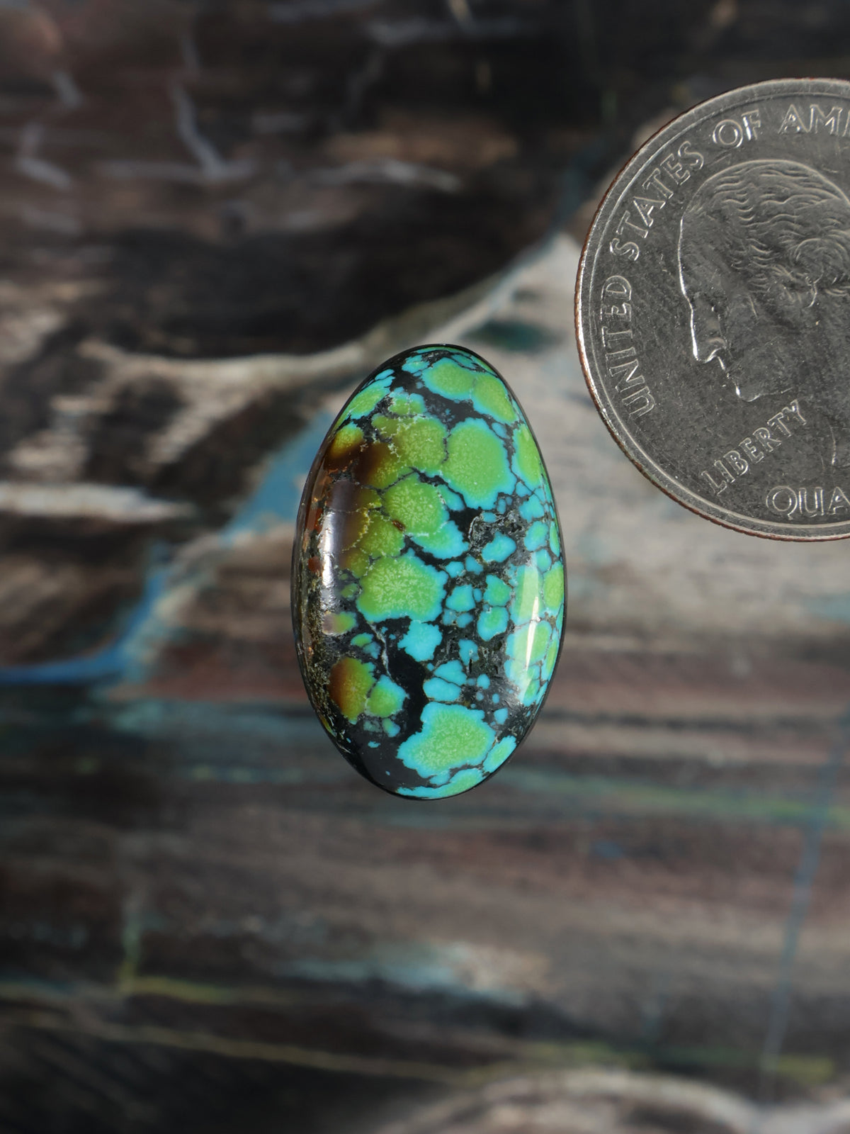 Oval turquoise blue gemstone cabochon with black matrix