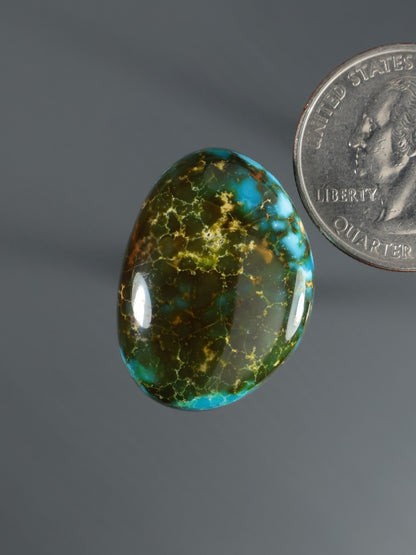 Turquoise cabochon gemstone with golden vein pattern, oval dome shape