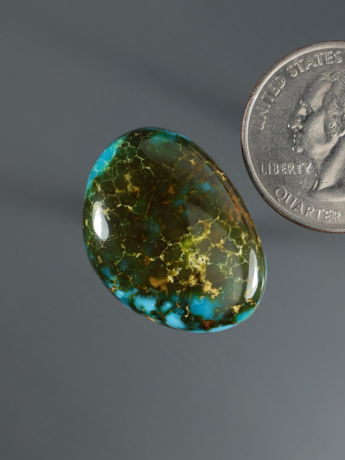 Oval turquoise cabochon with green-gold crackle veining and glossy dome