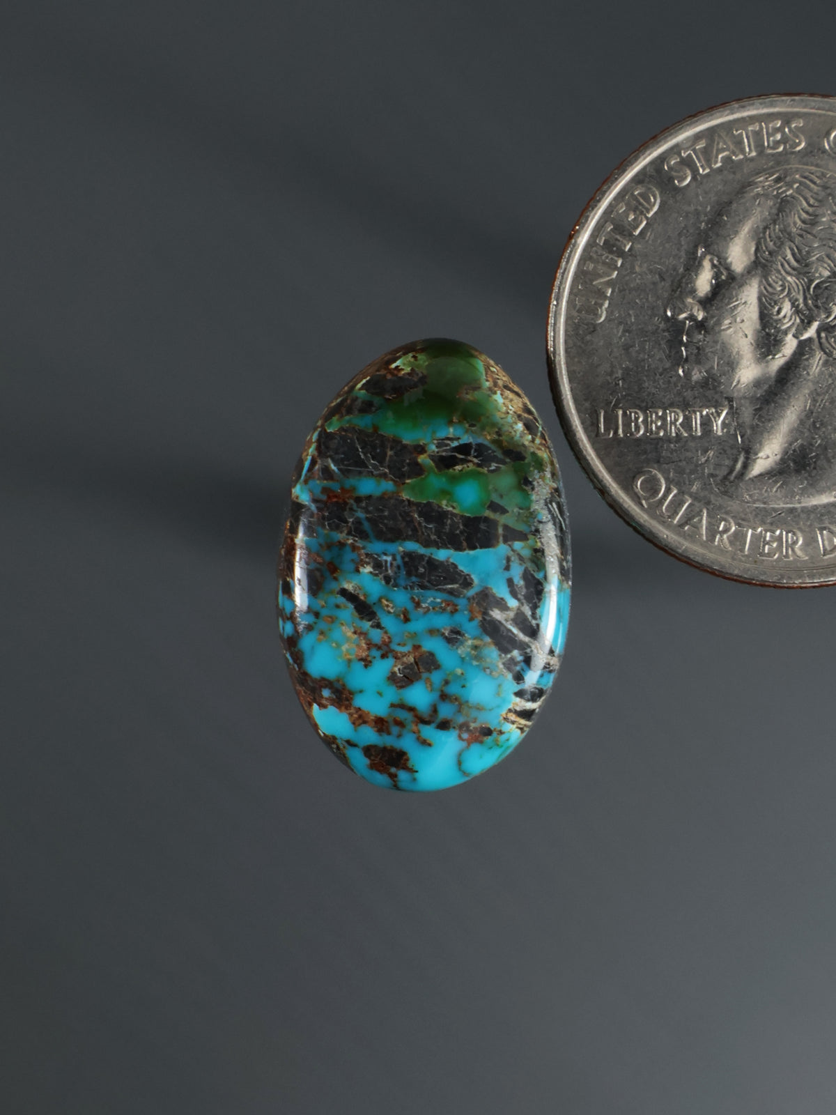 Oval cabochon gemstone with blue and green mottled matrix and polished shine