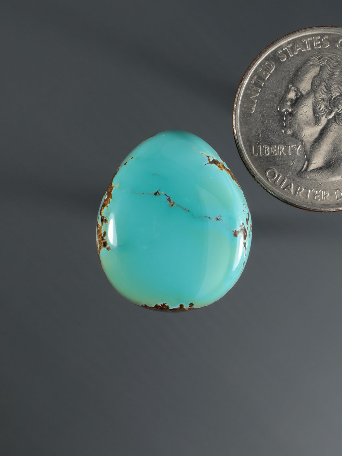 Turquoise oval cabochon with gold-toned veining, close-up