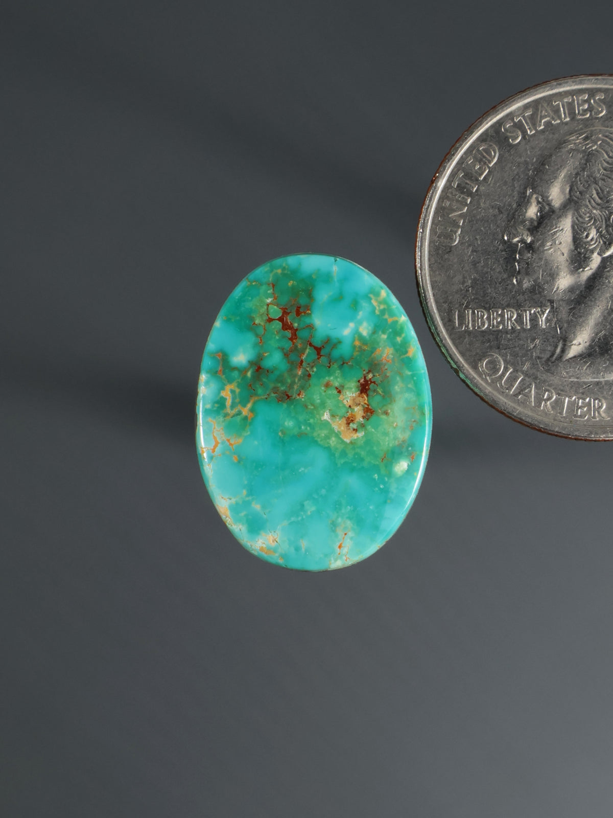 Turquoise cabochon gemstone with webbed matrix veining, oval