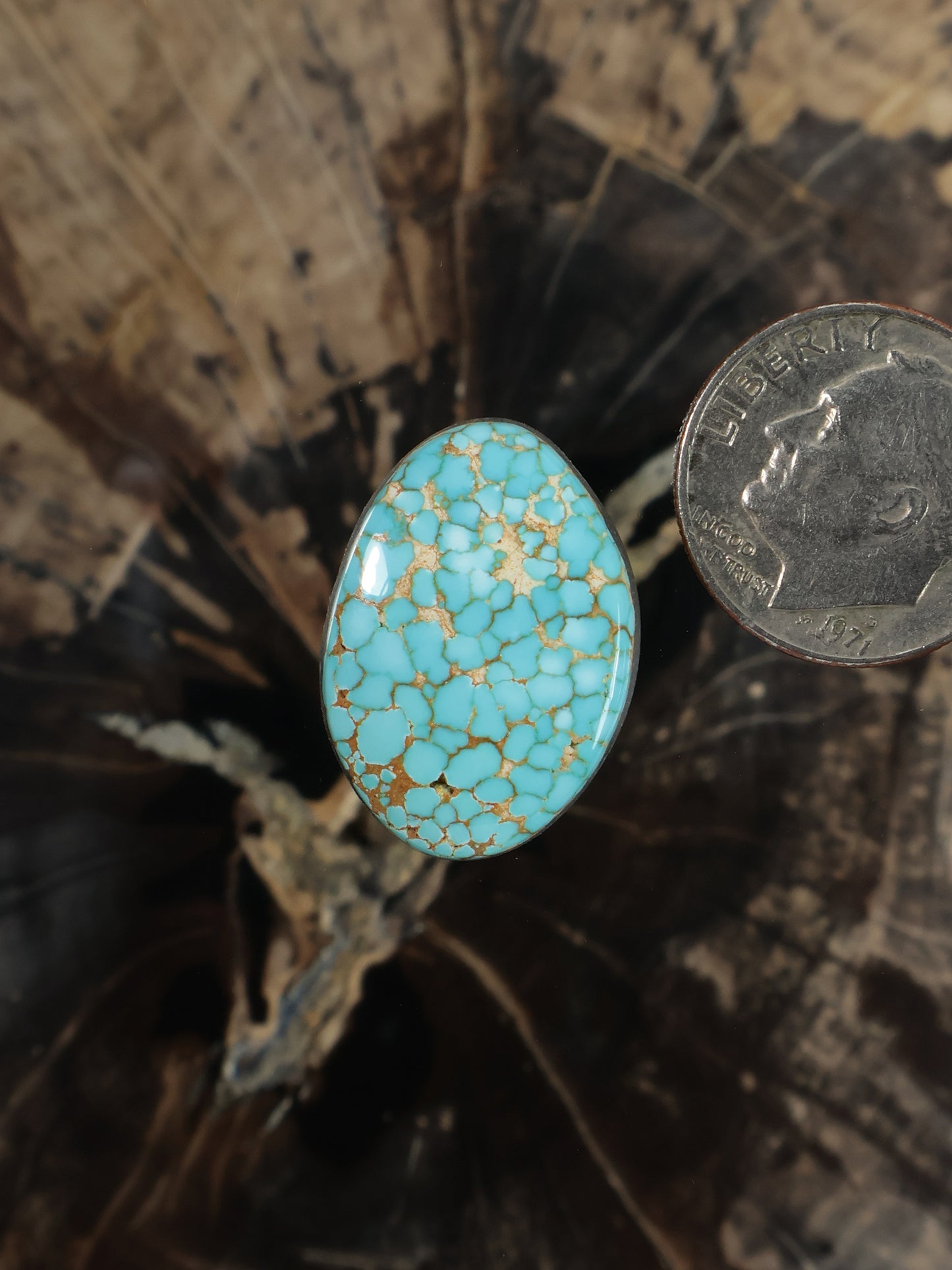 Oval Number 8 turquoise cabochon with blue matrix veining