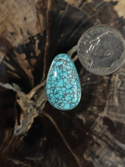 Turquoise teardrop cabochon gemstone with blue matrix webbing