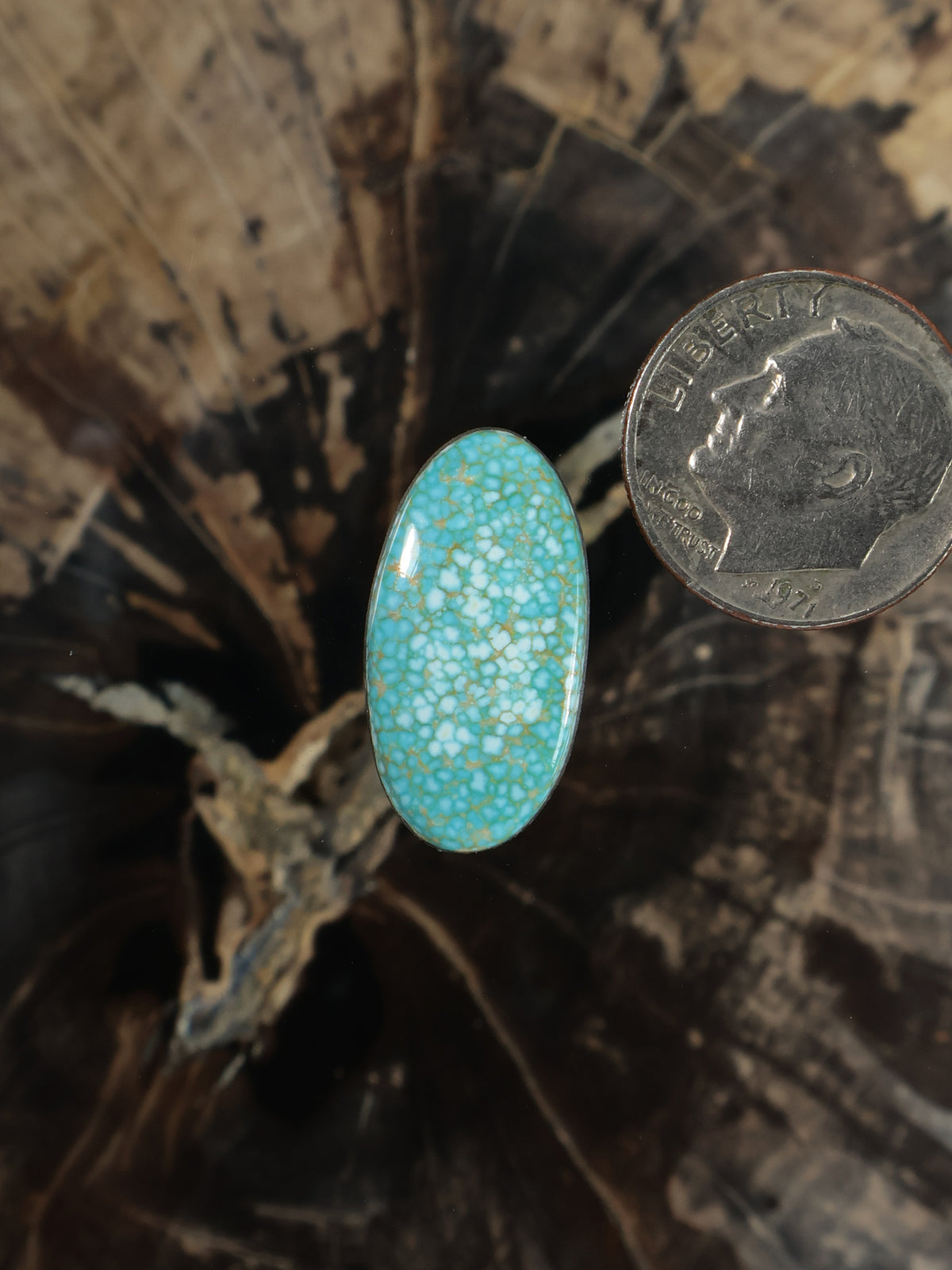 Oval turquoise cabochon gemstone with speckled mosaic pattern