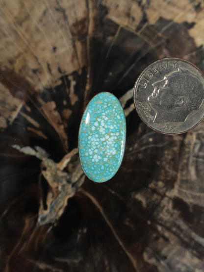 Oval turquoise cabochon gemstone with speckled mosaic pattern