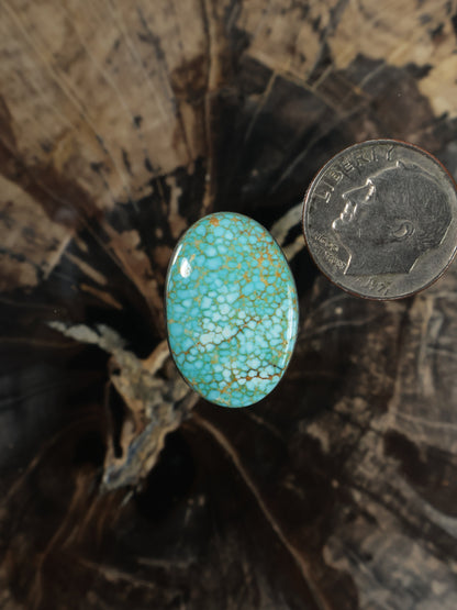 Oval turquoise cabochon gemstone with webbed matrix texture