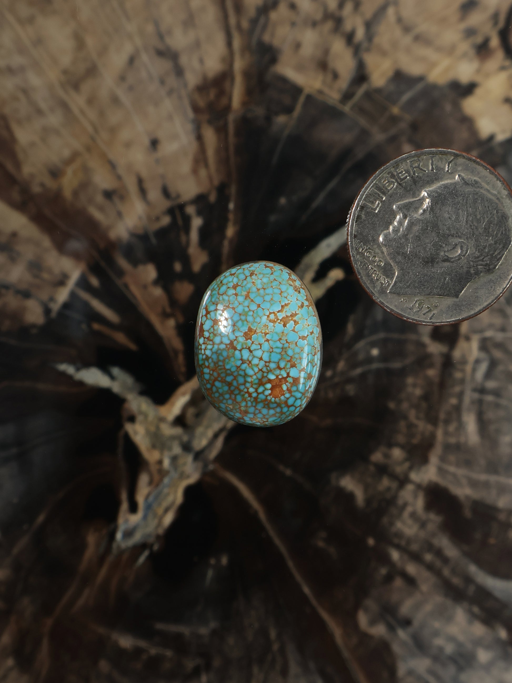 Oval turquoise cabochon gemstone with blue speckled matrix, polished surface
