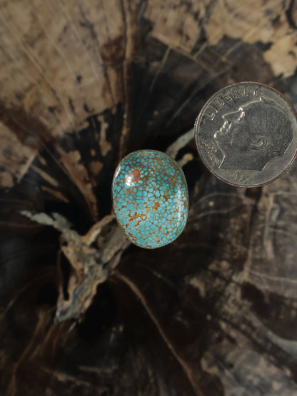 Turquoise oval cabochon gemstone, textured mosaic matrix with glossy finish