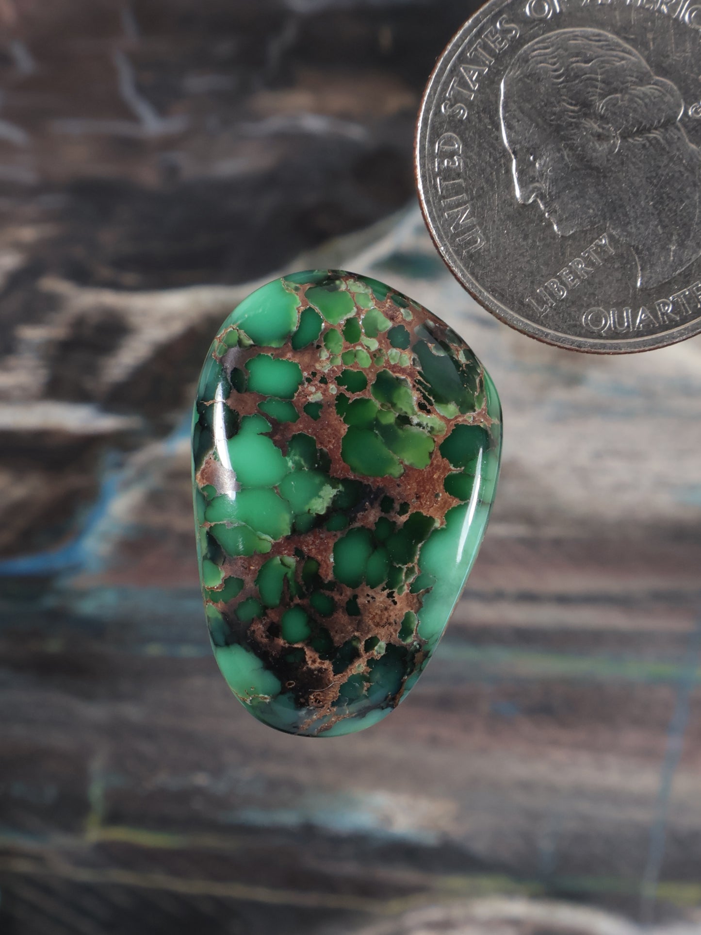 Oval variscite cabochon with bright green and speckled brown inclusions