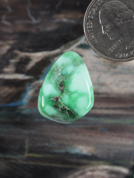 Variscite cabochon gemstone, green teardrop with dark matrix inclusions