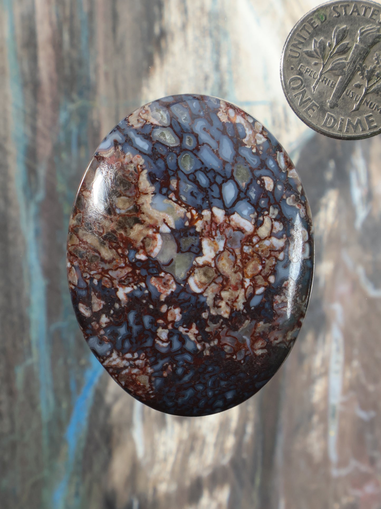 Oval gembone cabochon with blue, brown, and tan mottled stone pattern