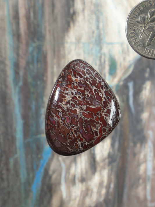 Dinosaur gembone cabochon, maroon teardrop stone with dark web-like veining