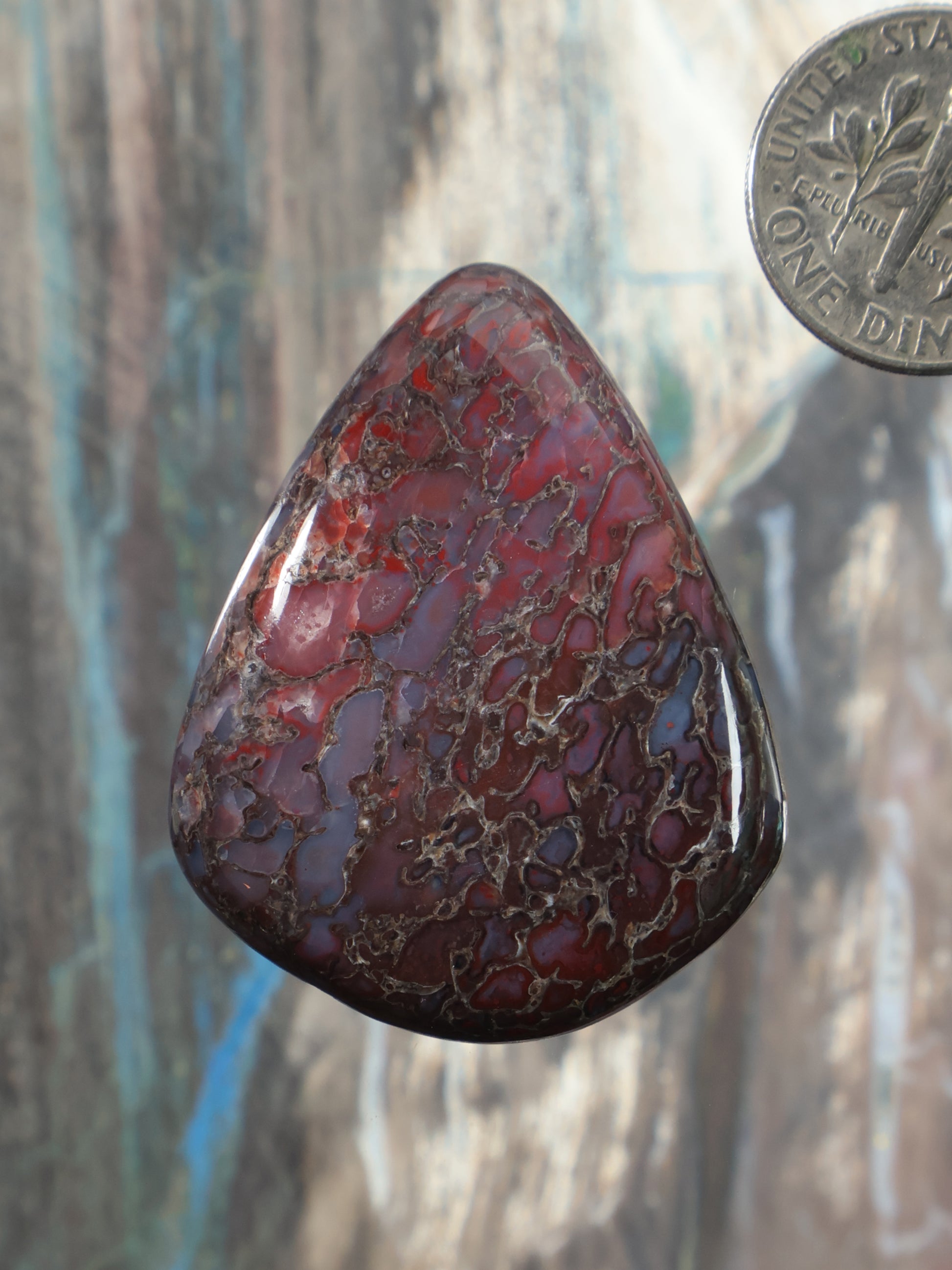 Dinosaur gembone cabochon: teardrop stone with red and purple web-like pattern, polished