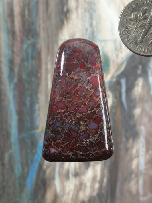 Dinosaur gembone cabochon, dark red marbled stone with polished dome surface