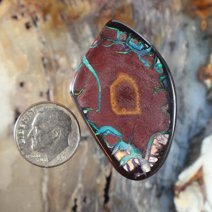 Teardrop boulder opal cabochon with red center and vivid green-blue flashes, polished