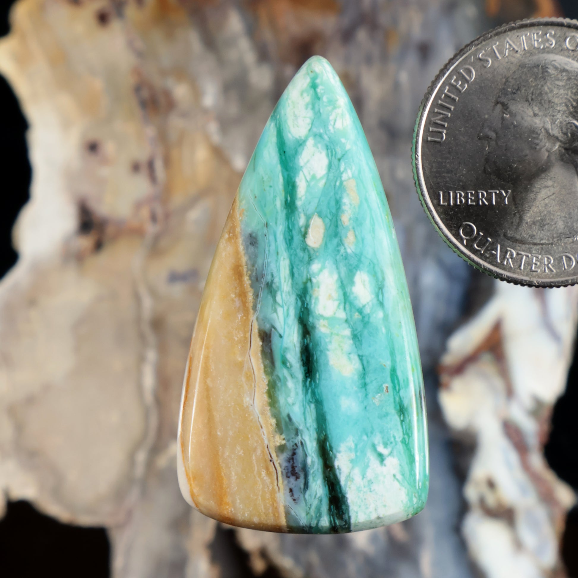 Teal blue opalized petrified wood cabochon, teardrop freeform, polished surface