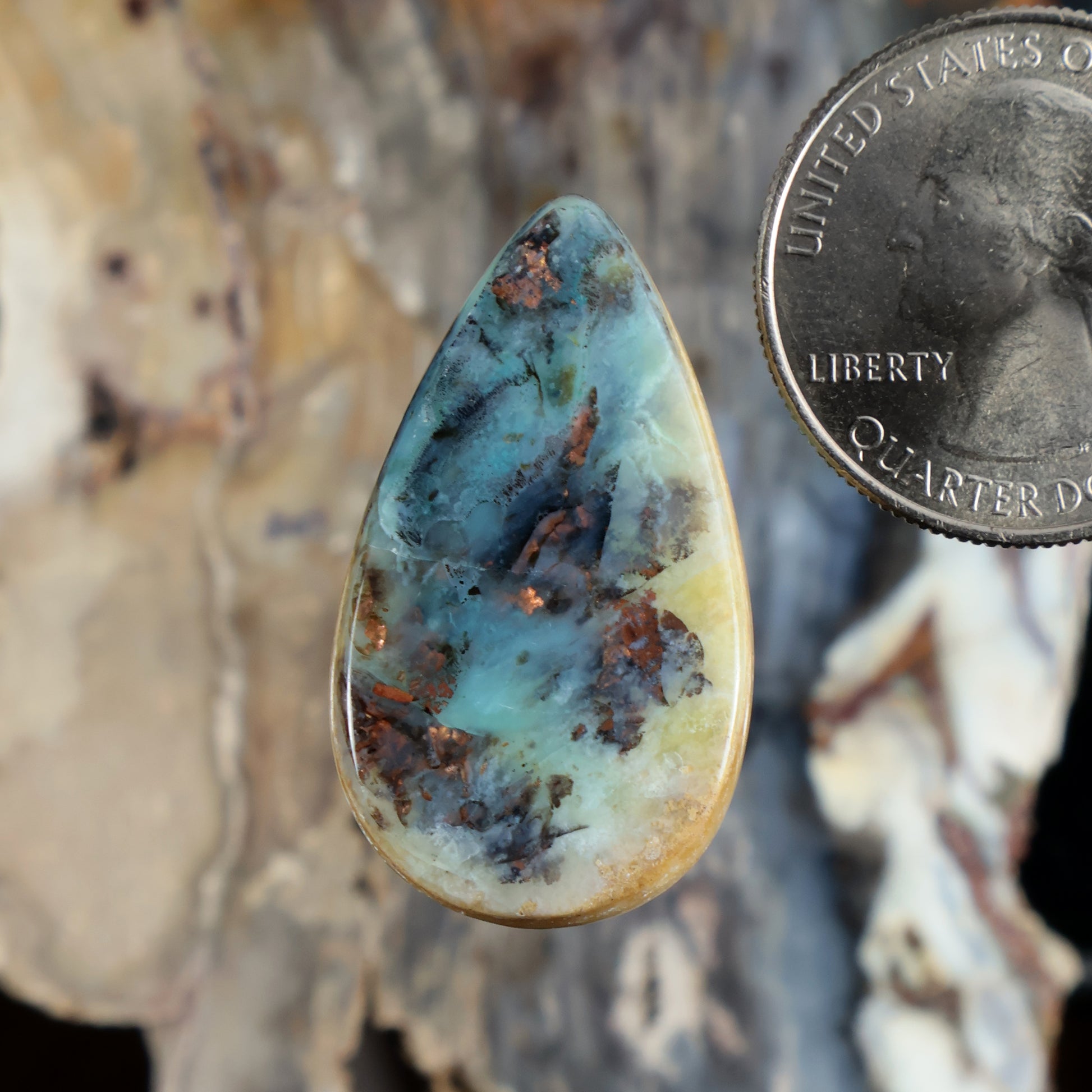 Teardrop blue opalized petrified wood cabochon with yellow edges and brown veining