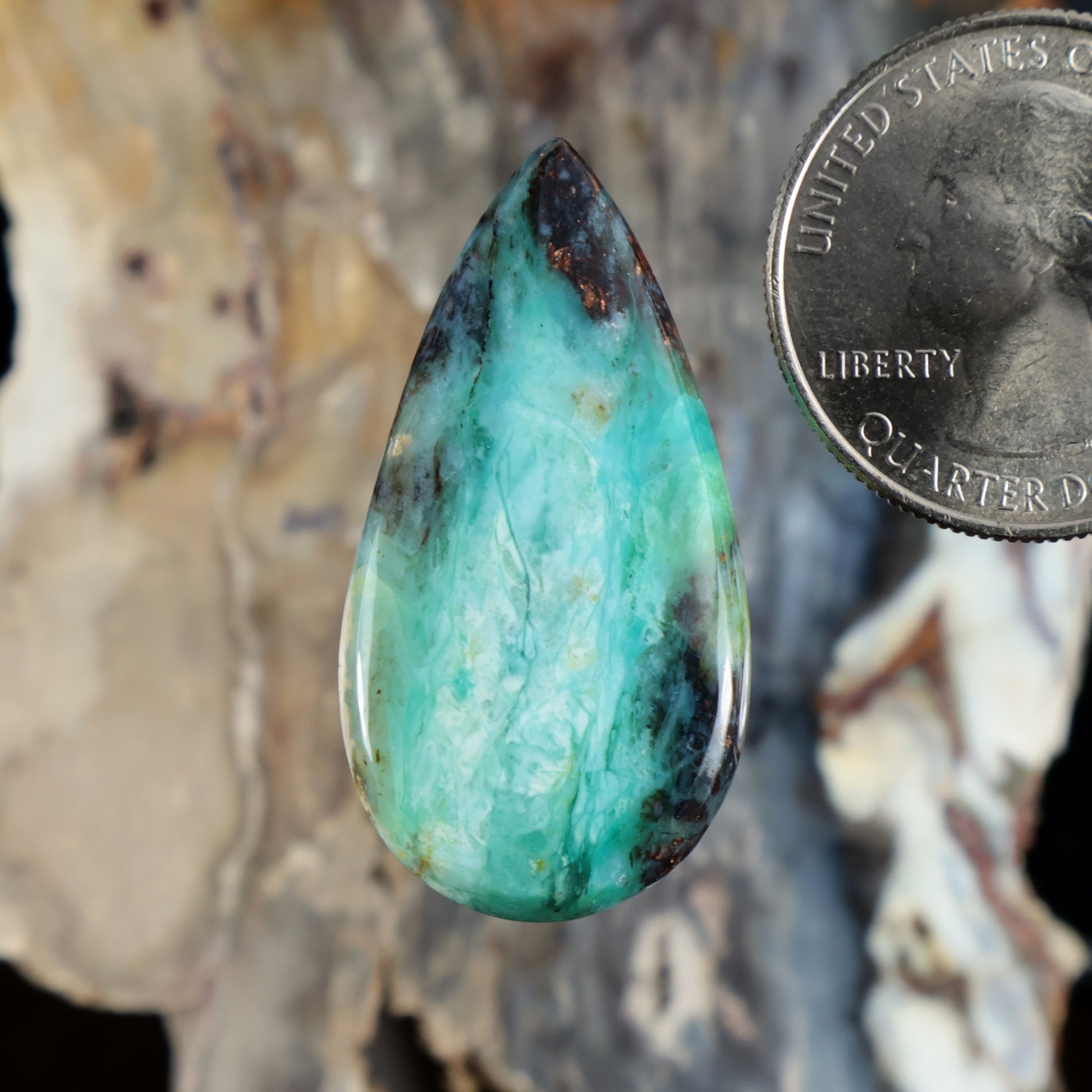 Teardrop opalized petrified wood cabochon, blue-green with dark streaks