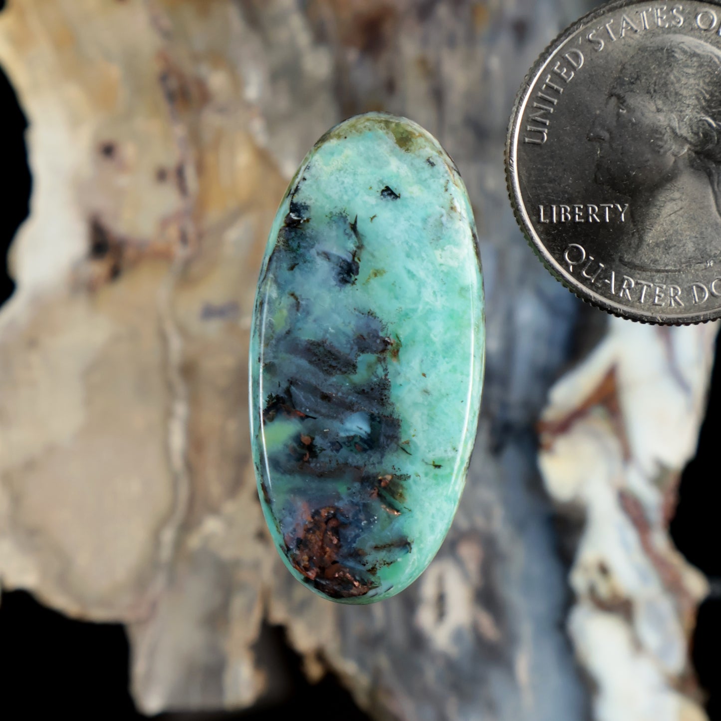 Oval opalized petrified wood cabochon, turquoise-blue with dark mottled inclusions
