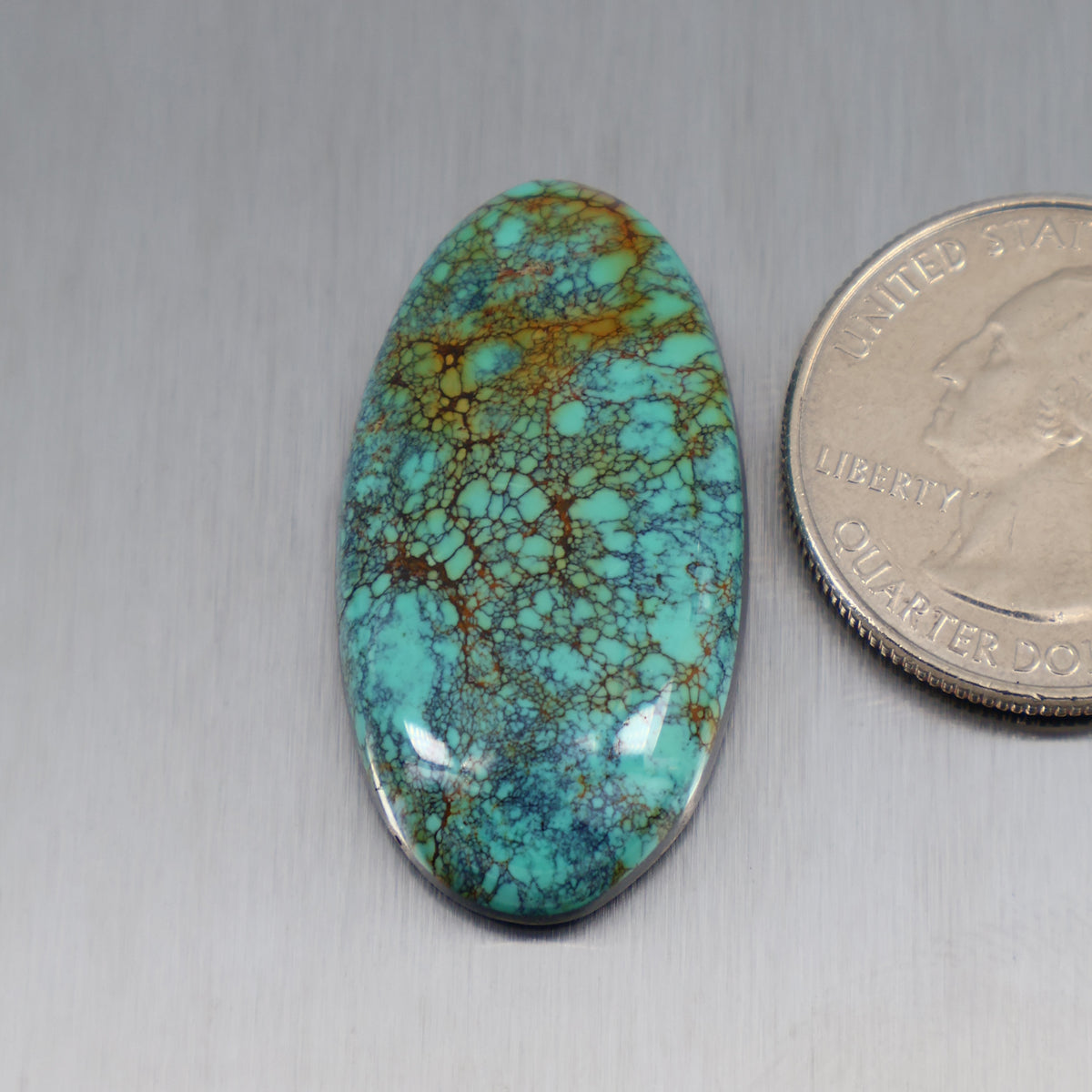 Turquoise oval cabochon gemstone with natural webbed pattern and silver-toned rim