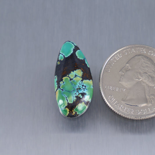 Turquoise cabochon gemstone with oval shape, black matrix, and polished surface.