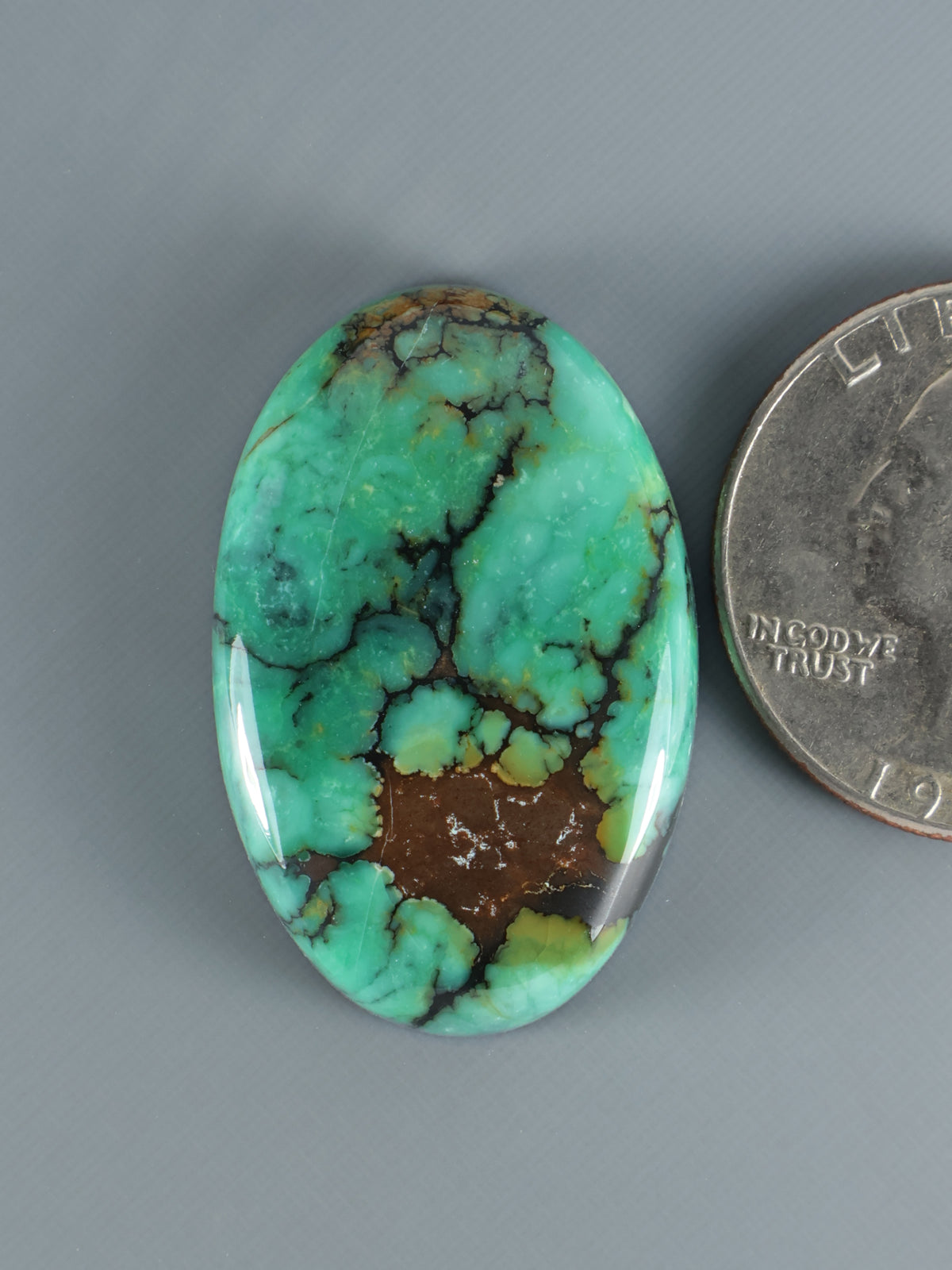 Oval turquoise-green variscite cabochon with dark web vein pattern, polished