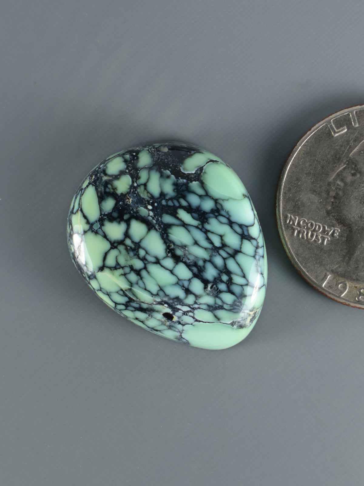 Oval variscite cabochon gemstone with pale green base and dark vein network.