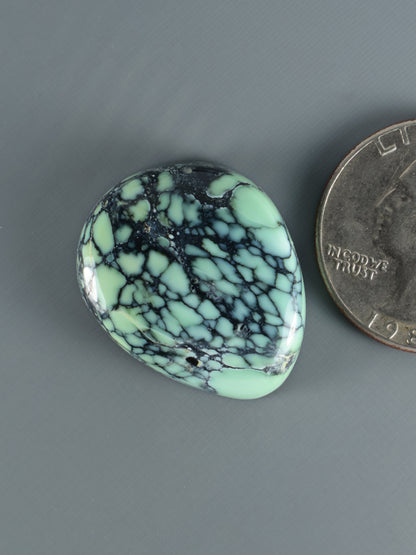 Oval variscite cabochon gemstone with pale green base and dark vein network.