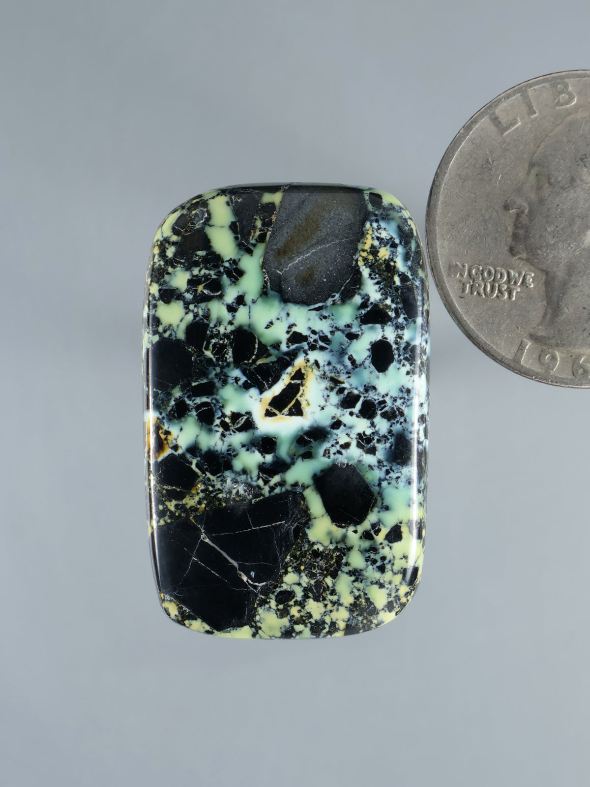 Prince Variscite cabochon with black matrix and mint green veining, oval-square cut