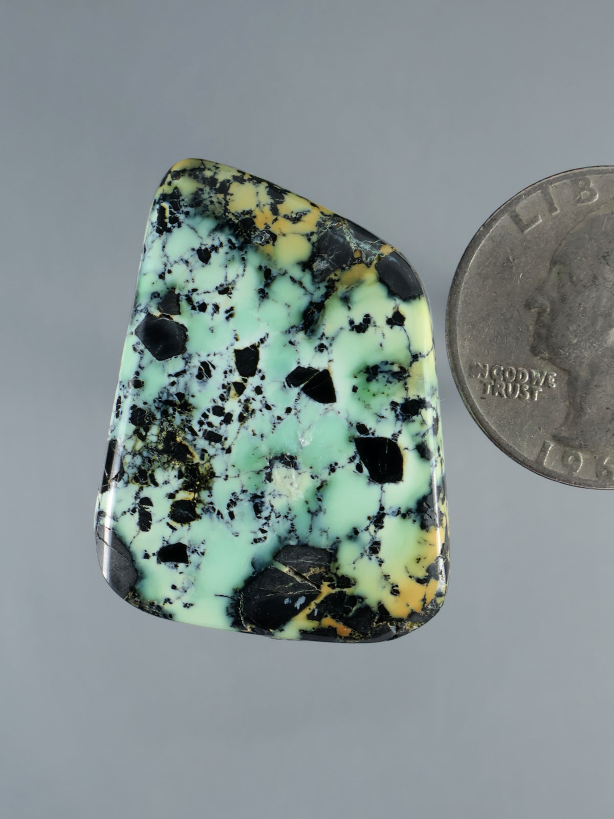Prince Variscite cabochon gemstone, irregular teardrop shape in mint green with black matrix.