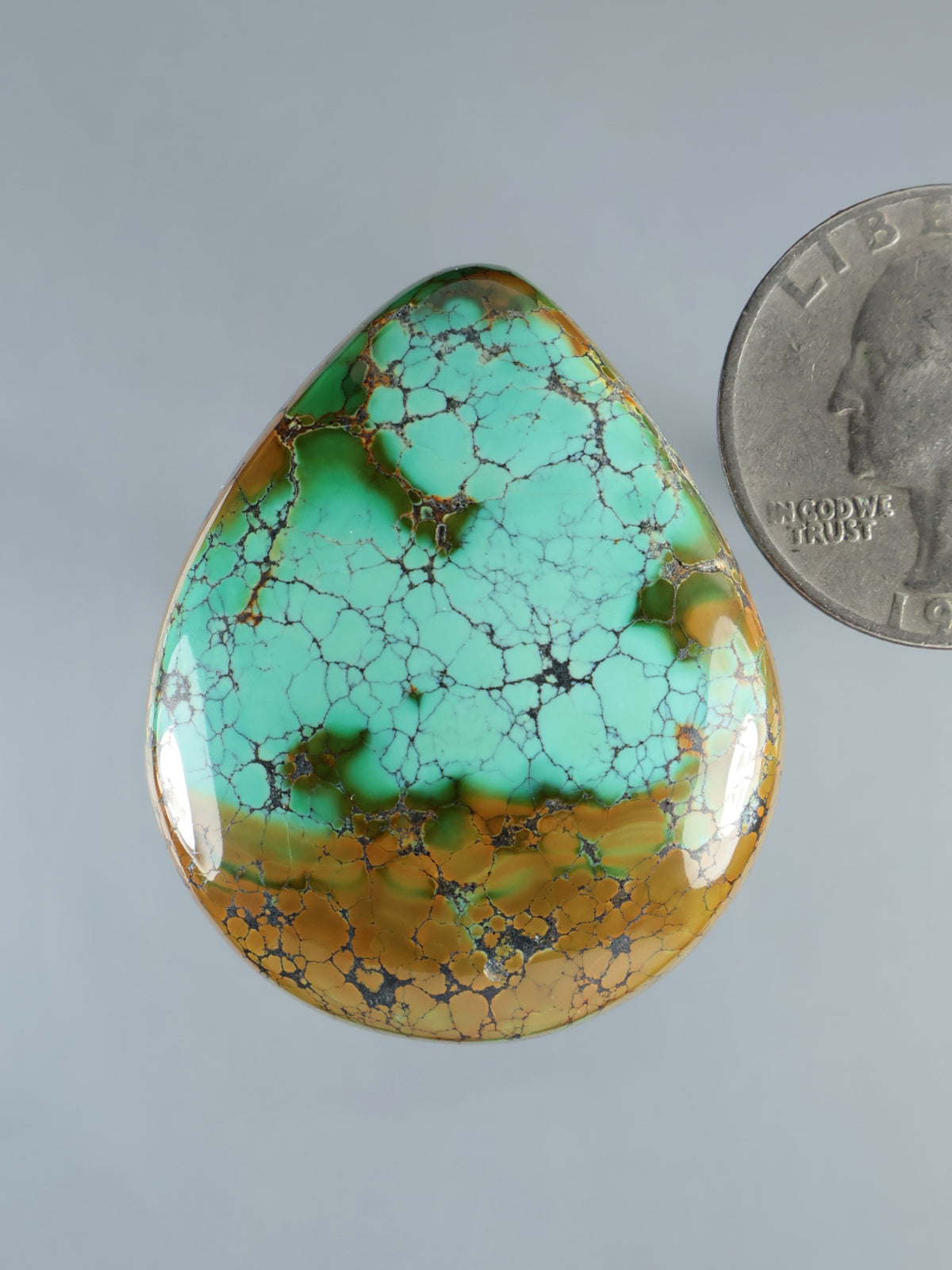 Turquoise cabochon gemstone teardrop with brown matrix webbing, polished domed surface
