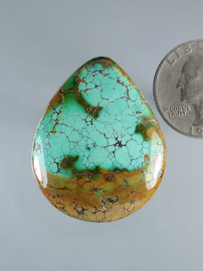Turquoise cabochon gemstone teardrop with brown matrix webbing, polished domed surface