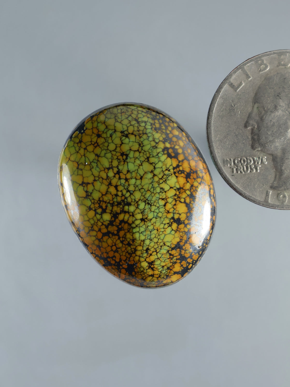 Turquoise dragonskin oval cabochon, silver-toned edge, mosaic pattern in green and yellow