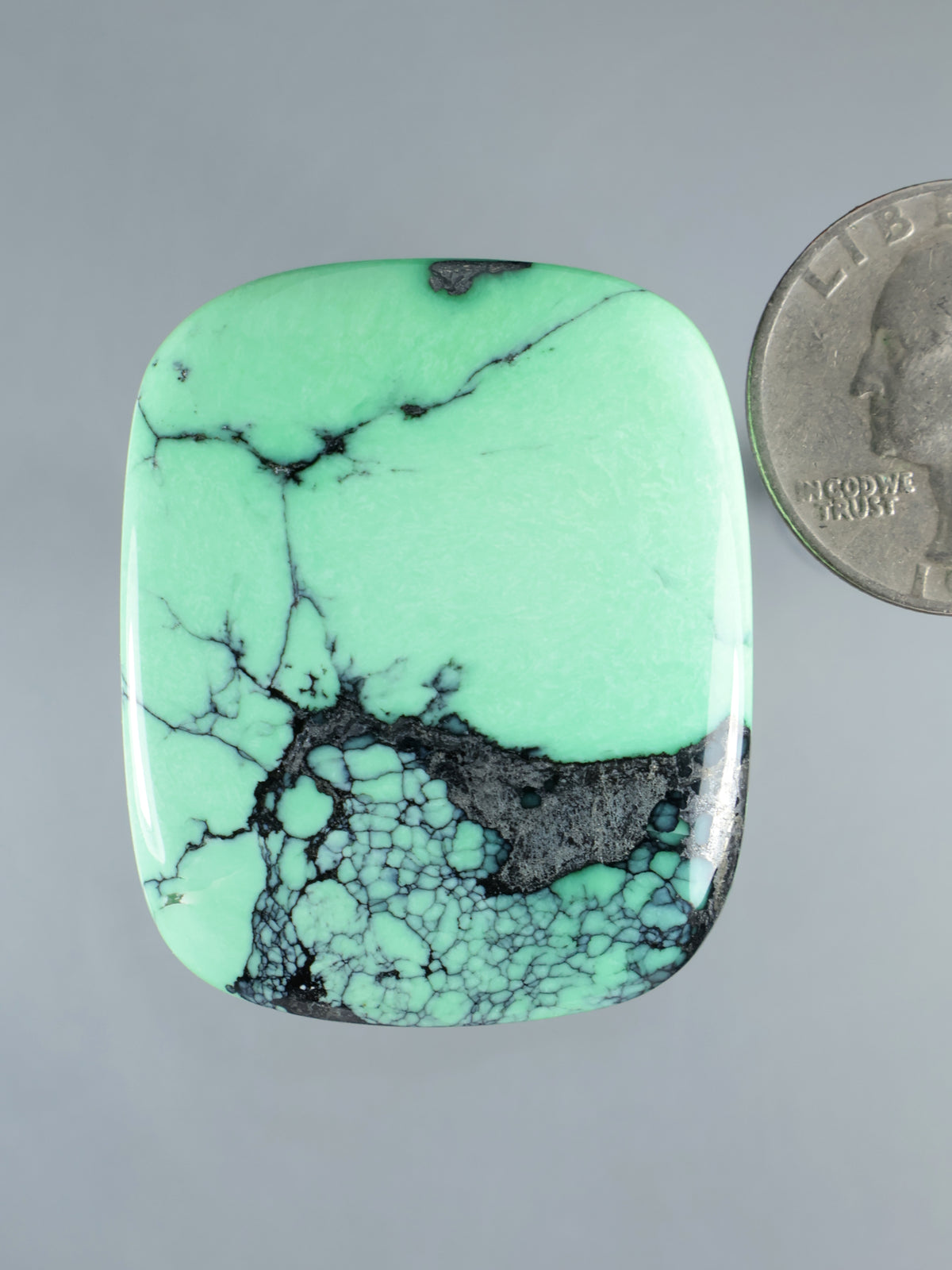 Mint green variscite cabochon with dark matrix web veins, square-rounded shape